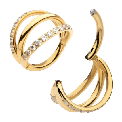 Invictus 24Kt Gold PVD Titanium Triple Hoop with 1mm CNC Set Round Gem in 2 Alternate Hoops Side Facing Hinged Segment Clicker