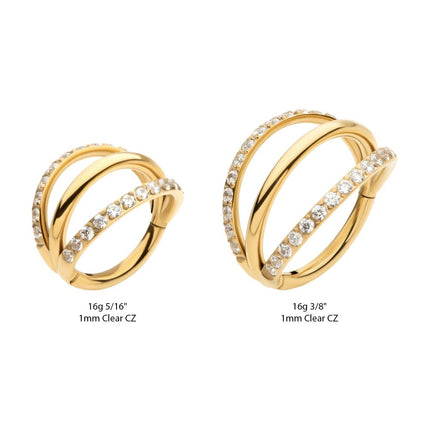 Invictus 24Kt Gold PVD Titanium Triple Hoop with 1mm CNC Set Round Gem in 2 Alternate Hoops Side Facing Hinged Segment Clicker