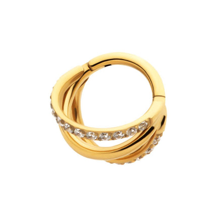 Invictus 24Kt Gold PVD Titanium Triple Hoop with 1mm CNC Set Round Gem in 2 Alternate Hoops Side Facing Hinged Segment Clicker