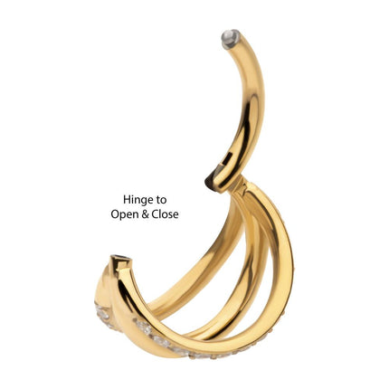 Invictus 24Kt Gold PVD Titanium Triple Hoop with 1mm CNC Set Round Gem in 2 Alternate Hoops Side Facing Hinged Segment Clicker