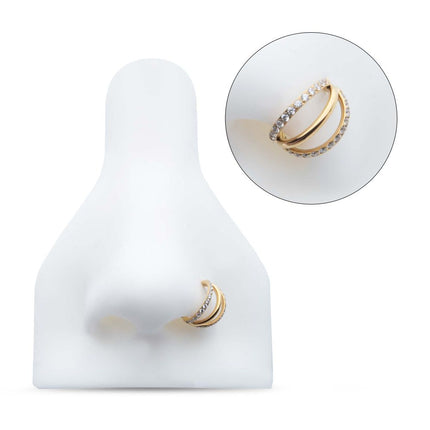 Invictus 24Kt Gold PVD Titanium Triple Hoop with 1mm CNC Set Round Gem in 2 Alternate Hoops Side Facing Hinged Segment Clicker