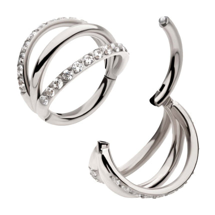 Invictus Titanium Triple Hoop with CNC Set 1mm Eternity Gem in 2 Alternate Hoops Side Facing Hinged Segment Clicker