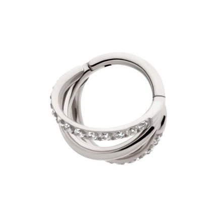 Invictus Titanium Triple Hoop with CNC Set 1mm Eternity Gem in 2 Alternate Hoops Side Facing Hinged Segment Clicker