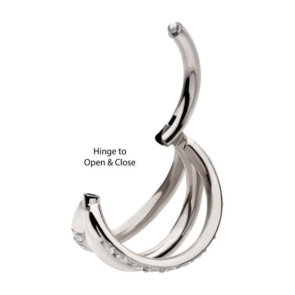 Invictus Titanium Triple Hoop with CNC Set 1mm Eternity Gem in 2 Alternate Hoops Side Facing Hinged Segment Clicker