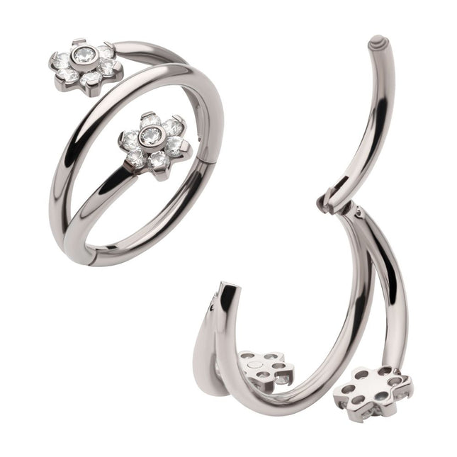 Invictus Titanium Double Ended Twist Side Facing Hinged Segment Clicker with Flower CZ