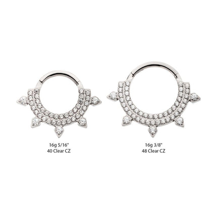 Invictus Titanium Double Row CNC Set Round CZ with 5 Round CZ Spike Edge Front Facing Hinged Segment Clicker