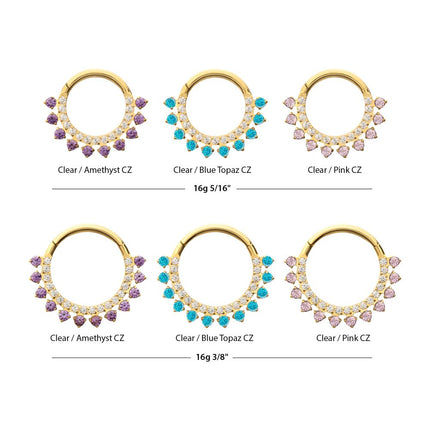 Invictus 24Kt Gold PVD Titanium Double Row CZ Multi-Gem with Clear CNC Set Inner Gem Front Facing Hinged Segment Clicker