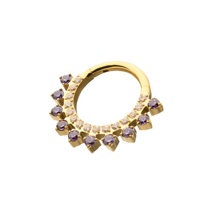 Invictus 24Kt Gold PVD Titanium Double Row CZ Multi-Gem with Clear CNC Set Inner Gem Front Facing Hinged Segment Clicker
