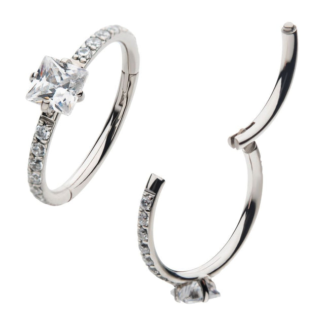 Invictus Titanium with Centerpiece Prong Set Square Clear CZ Eternity Side Facing Hinged Segment Clicker