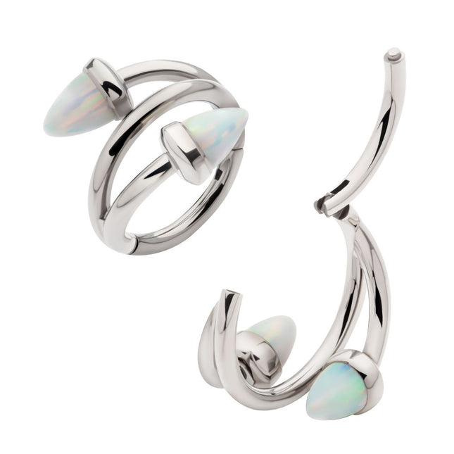 Invictus Titanium Double Ended Twist Side Facing Hinged Segment Clicker with Spike White Opal