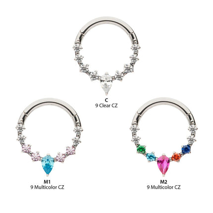 Invictus Titanium 9-Cluster Prong Set Round & Teardrop CZ Front Facing Hinged Segment Clicker