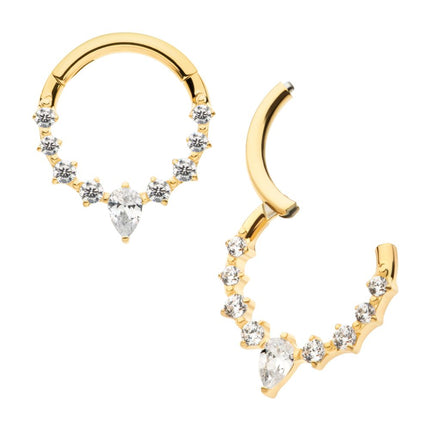 Invictus 24Kt Gold PVD Titanium 9-Cluster Prong Set Round & Teardrop CZ Front Facing Hinged Segment Clicker