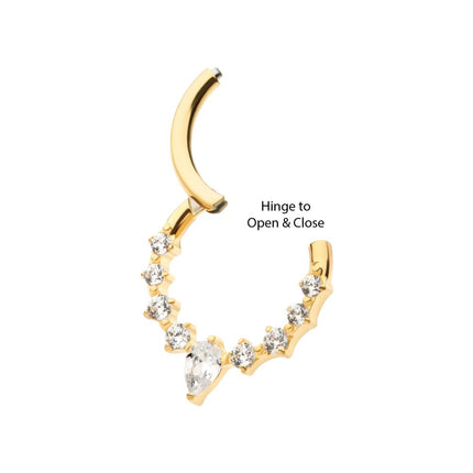 Invictus 24Kt Gold PVD Titanium 9-Cluster Prong Set Round & Teardrop CZ Front Facing Hinged Segment Clicker