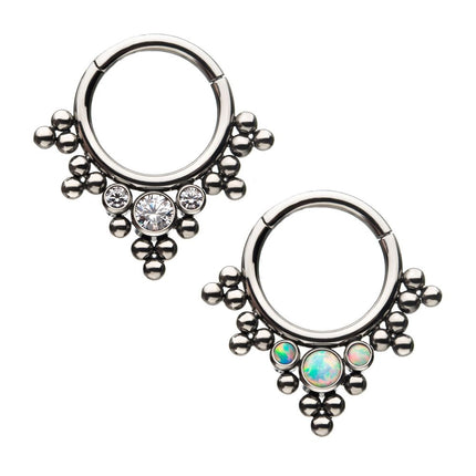 Invictus Titanium with 3 Cluster Bezel Set CZ/Opal & Trio Beads V-Shape Front Facing Hinged Segment Clicker