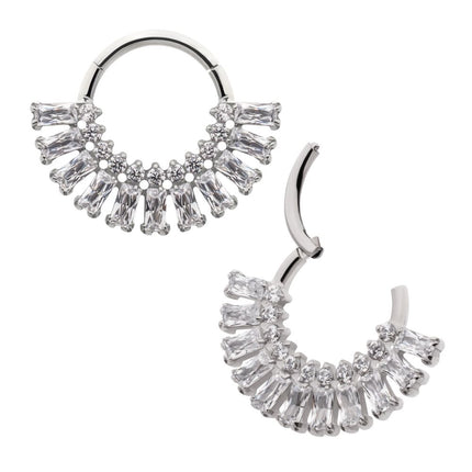 Invictus Titanium Prong Set Baguette & Round Gem Cluster Fan Front Facing Hinged Segment Clickers