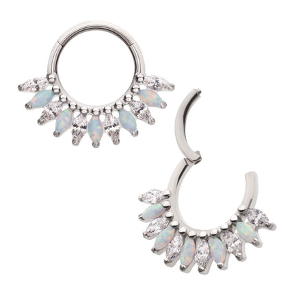 Invictus Titanium Prong Set Marquise Gem & Opal Cluster Fan Front Facing Hinged Segment Clicker