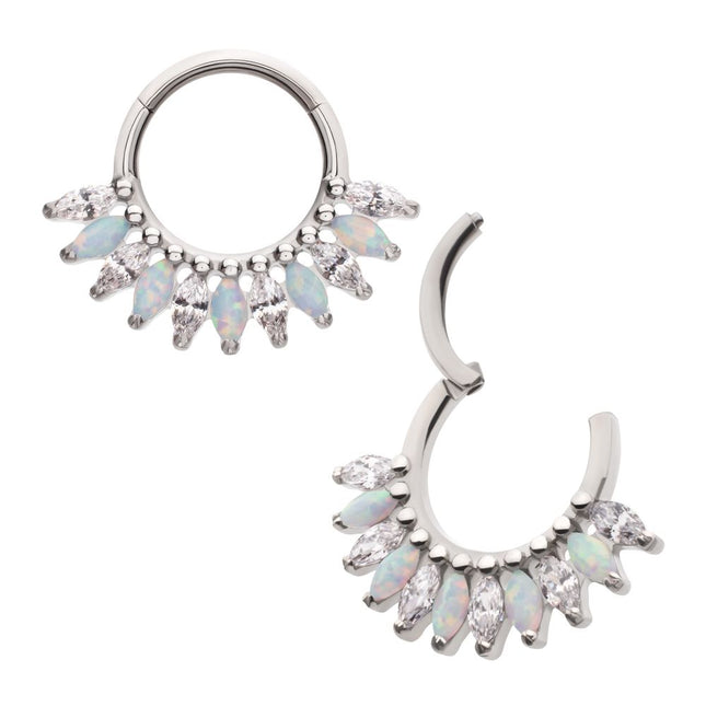 Invictus Titanium Prong Set Marquise Gem & Opal Cluster Fan Front Facing Hinged Segment Clicker