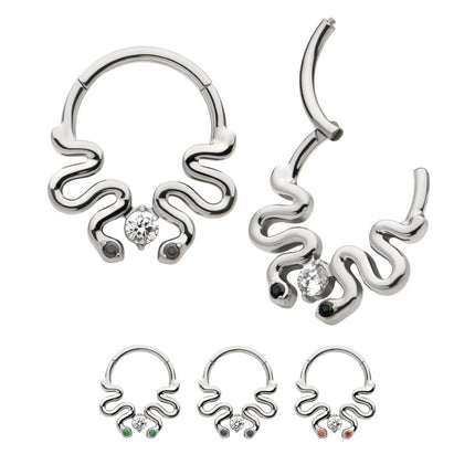 Invictus Titanium Pronged Round CZ Duo Snake Front Facing Hinged Segment Clicker