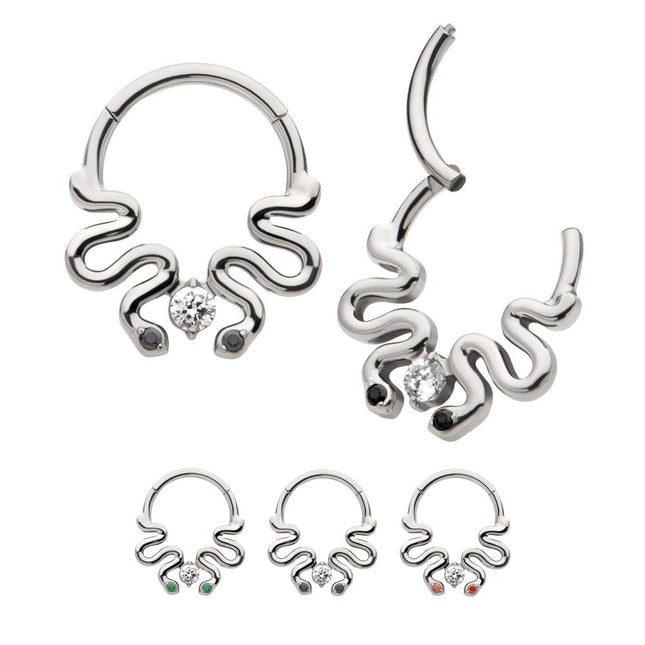 Invictus Titanium Pronged Round CZ Duo Snake Front Facing Hinged Segment Clicker
