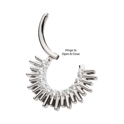 Invictus Titanium Pronged Round CZ Sun Rays Cluster Front Facing Hinged Segment Clicker