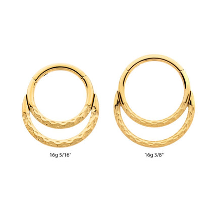 Invictus 24Kt Gold PVD Titanium Hammered Double Hoop Front Facing Hinged Segment Clicker