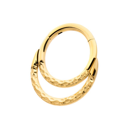 Invictus 24Kt Gold PVD Titanium Hammered Double Hoop Front Facing Hinged Segment Clicker