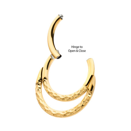 Invictus 24Kt Gold PVD Titanium Hammered Double Hoop Front Facing Hinged Segment Clicker