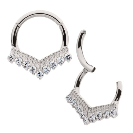 Invictus Titanium 9 Cluster Prong Set Round CZ Chevron Front Facing Hinged Segment Clicker