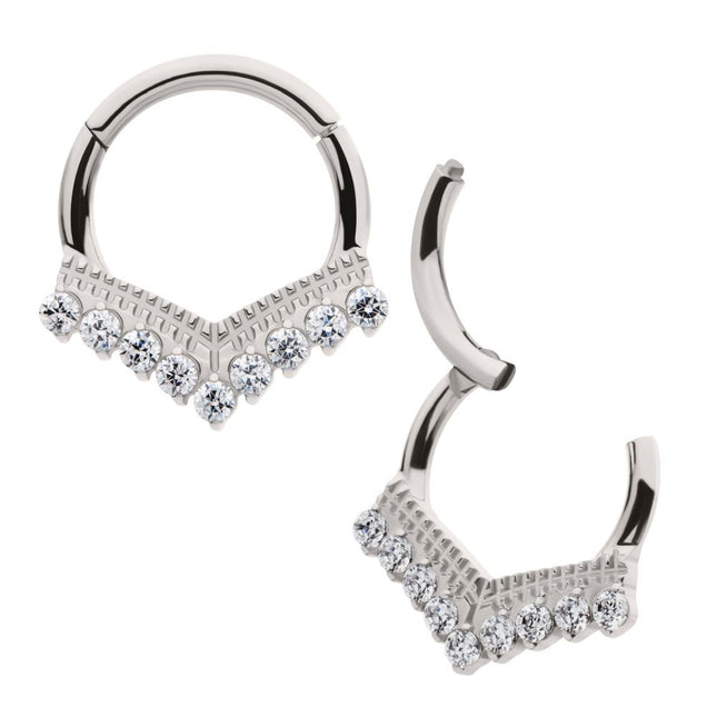 Invictus Titanium 9 Cluster Prong Set Round CZ Chevron Front Facing Hinged Segment Clicker