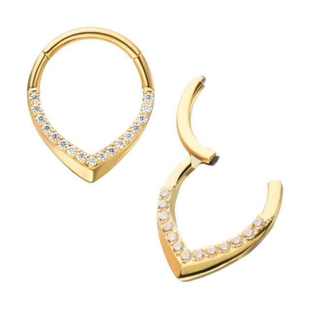 Invictus 24Kt Gold PVD Titanium Pave Gem V-Shape Front Facing Hinged Segment Clicker
