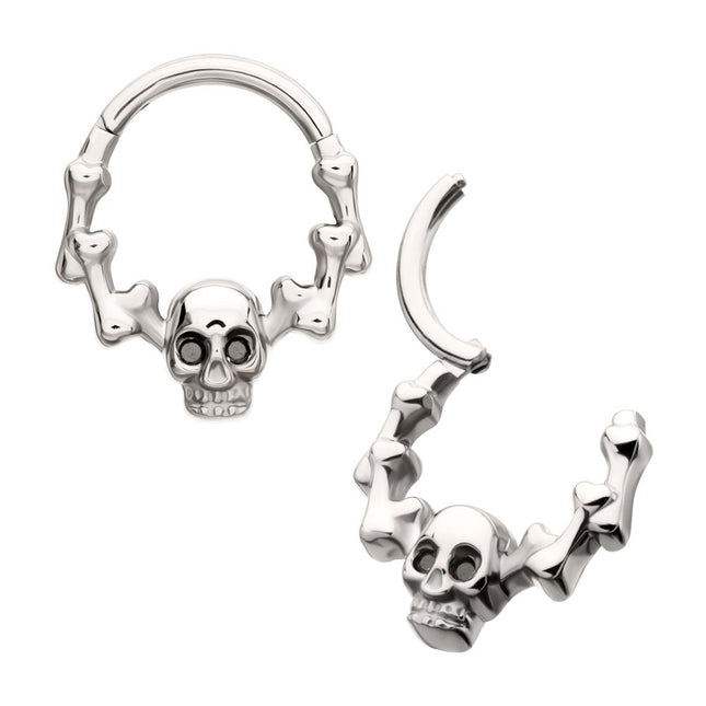Invictus Titanium Skull & Bone with Black CZ Gem Eyes Front Facing Hinged Segment Clicker