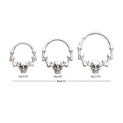 Invictus Titanium Skull & Bone with Black CZ Gem Eyes Front Facing Hinged Segment Clicker