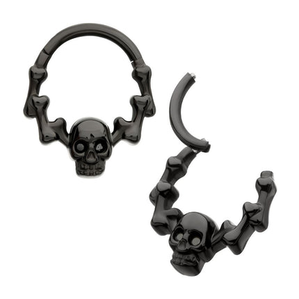 Invictus Black PVD Titanium Skull & Bone with Black CZ Gem Eyes Front Facing Hinged Segment Clicker