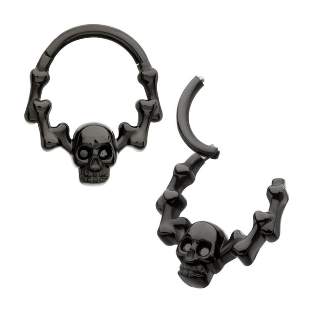 Invictus Black PVD Titanium Skull & Bone with Black CZ Gem Eyes Front Facing Hinged Segment Clicker