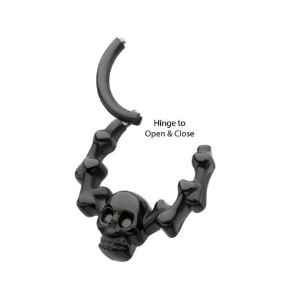 Invictus Black PVD Titanium Skull & Bone with Black CZ Gem Eyes Front Facing Hinged Segment Clicker
