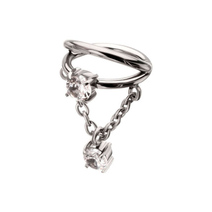 Invictus Titanium Prong Set Gem Open Stack Double Hoop with Gem Chain Dangle Hinged Segment Clicker