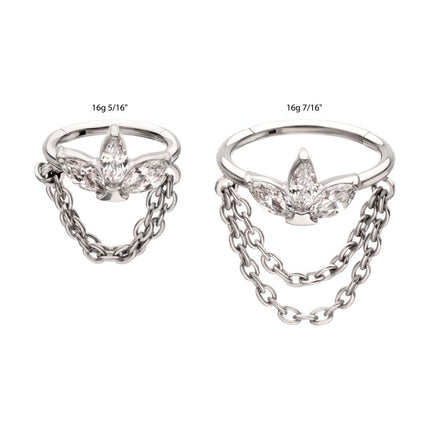 Invictus Titanium Triple Marquise Gem Cluster Hoop with 2-Tier Chain Dangle Hinged Segment Clicker