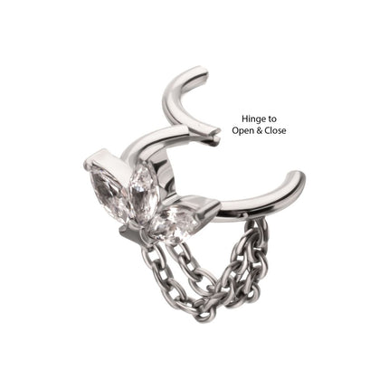 Invictus Titanium Triple Marquise Gem Cluster Hoop with 2-Tier Chain Dangle Hinged Segment Clicker