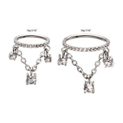 Invictus Titanium Pave Gem Hoop with Three Prong Set Gem Chain Dangle Hinged Segment Clicker