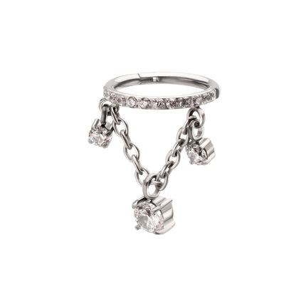 Invictus Titanium Pave Gem Hoop with Three Prong Set Gem Chain Dangle Hinged Segment Clicker