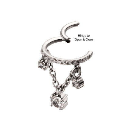 Invictus Titanium Pave Gem Hoop with Three Prong Set Gem Chain Dangle Hinged Segment Clicker