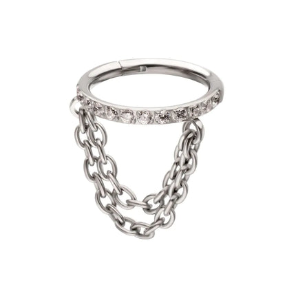 Invictus Titanium Pave Gem Hoop with 2-Tier Chain Dangle Hinged Segment Clicker