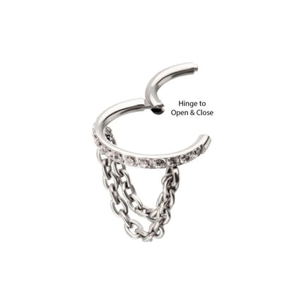 Invictus Titanium Pave Gem Hoop with 2-Tier Chain Dangle Hinged Segment Clicker