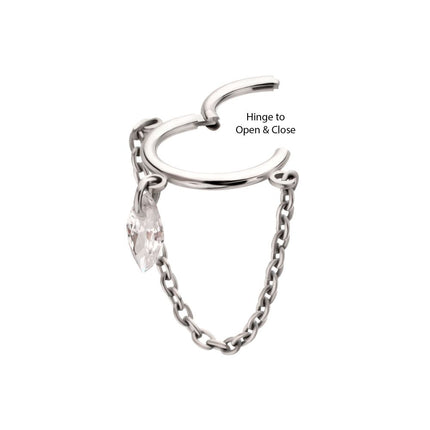 Invictus Titanium Chain Dangle Hinged Segment Clicker with Floating Marquise CZ Gem