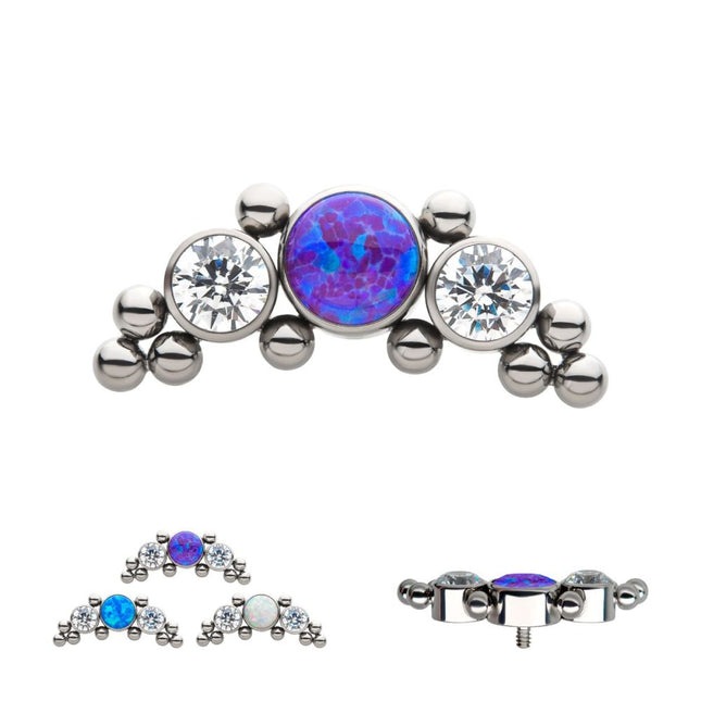 Invictus Titanium Internally Threaded 10-Bead Bezel Round Opal/CZ 3-Curved Cluster Top
