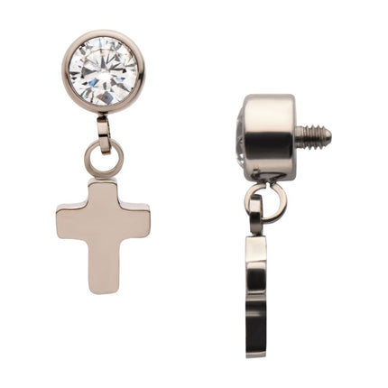 Invictus Titanium Internally Threaded Bezel Set CZ with Dangling Cross Top