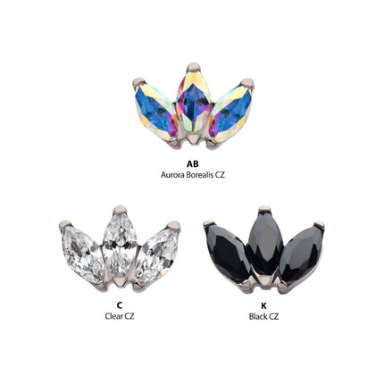 Invictus Titanium Internally Threaded with Prong Set Marquise CZ 3-Cluster Top