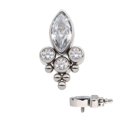 Invictus Titanium Internally Threaded with Clustered Beads, Bezel Set Marquise & Round CZ Top