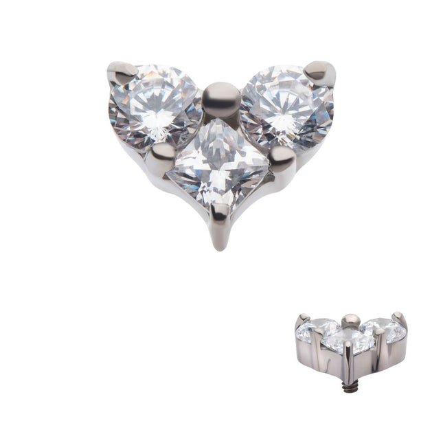 Invictus Titanium Internally Threaded with Prong Set Round & Princess Gem 3-Cluster Heart Shape Top