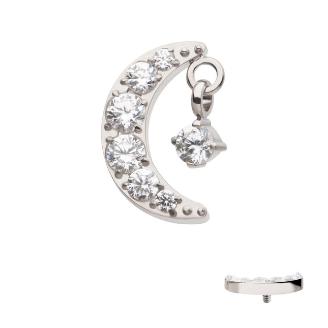 Invictus Titanium Internally Threaded Crescent Moon CZ Top with Dangle Pronged Round CZ